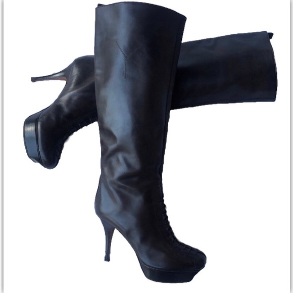 Yves Saint Laurent YSL Brown Tribute platform knee High Heeled Leather Boots 40 - Picture 1 of 17